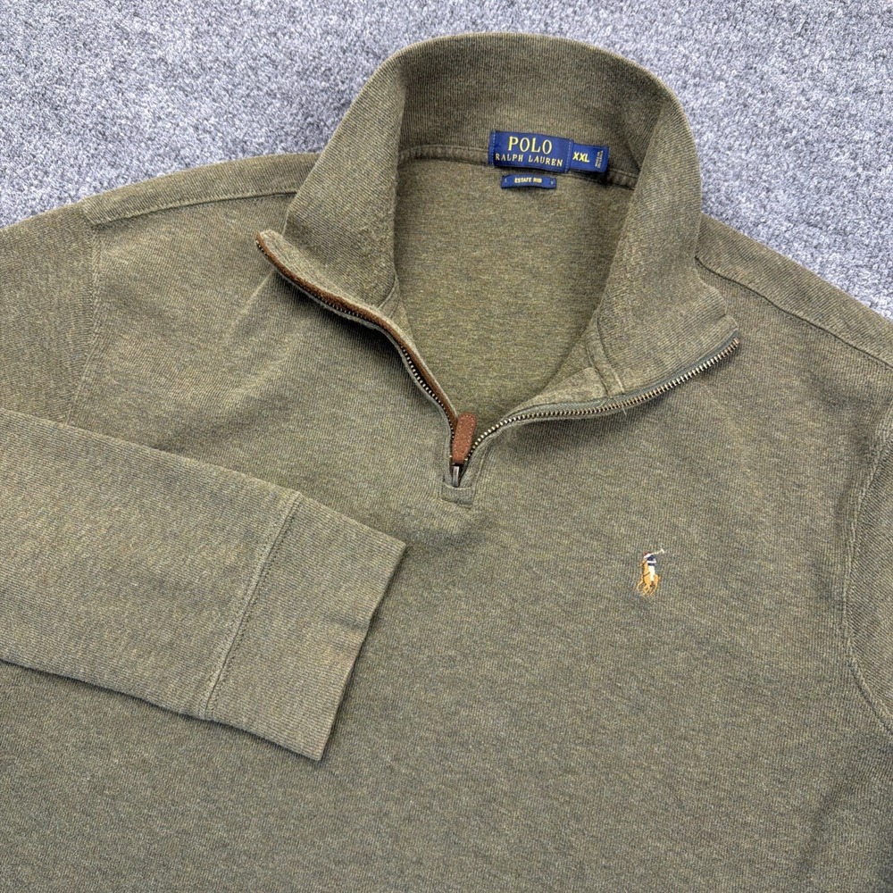 Polo Ralph Lauren Sweater Mens 2XL Green 1/4 Zip Estate Rib Pullover Flesh Pony